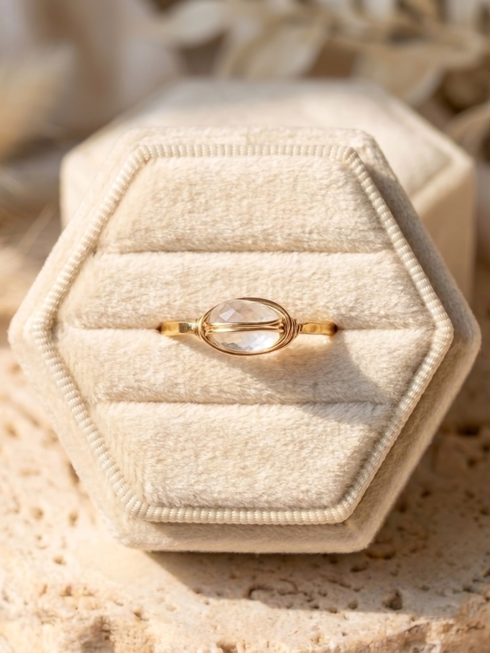 Gold Filled Wire Wrapped Dainty Moonstone Bisected Oval Ring - Picture 2 of 4